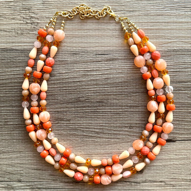 Peach & Coral Triple strand statement Necklace, Clementine Beaded Necklace, summer silver jewelry, bubble necklace bib pink orange gold