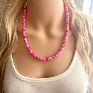 Hot Pink & Lime Green Beaded necklace, shiny beaded statement necklace, everyday pink light green chunky layering geometric single strand