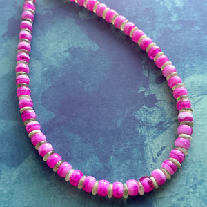 Hot Pink & Lime Green Beaded necklace, shiny beaded statement necklace, everyday pink light green chunky layering geometric single strand