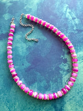 Load image into Gallery viewer, Hot Pink &amp; Lime Green Beaded necklace, shiny beaded statement necklace, everyday pink light green chunky layering geometric single strand