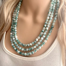 Load image into Gallery viewer, Freckled Green + White 3 strand Beaded Statement Necklace, Chunky Bib white green thick Strand Jewelry dyed polka dot earrings bib glass