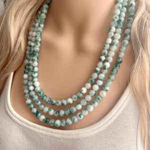 Freckled Green + White 3 strand Beaded Statement Necklace, Chunky Bib white green thick Strand Jewelry dyed polka dot earrings bib glass