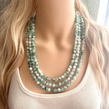 Load image into Gallery viewer, Freckled Green + White 3 strand Beaded Statement Necklace, Chunky Bib white green thick Strand Jewelry dyed polka dot earrings bib glass