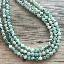 Load image into Gallery viewer, Freckled Green + White 3 strand Beaded Statement Necklace, Chunky Bib white green thick Strand Jewelry dyed polka dot earrings bib glass