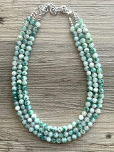 Load image into Gallery viewer, Freckled Green + White 3 strand Beaded Statement Necklace, Chunky Bib white green thick Strand Jewelry dyed polka dot earrings bib glass