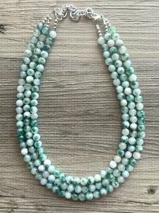 Freckled Green + White 3 strand Beaded Statement Necklace, Chunky Bib white green thick Strand Jewelry dyed polka dot earrings bib glass