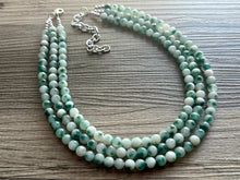 Load image into Gallery viewer, Freckled Green + White 3 strand Beaded Statement Necklace, Chunky Bib white green thick Strand Jewelry dyed polka dot earrings bib glass