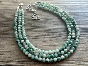Freckled Green + White 3 strand Beaded Statement Necklace, Chunky Bib white green thick Strand Jewelry dyed polka dot earrings bib glass