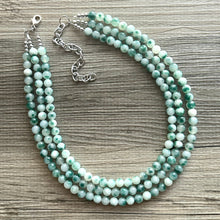 Load image into Gallery viewer, Freckled Green + White 3 strand Beaded Statement Necklace, Chunky Bib white green thick Strand Jewelry dyed polka dot earrings bib glass