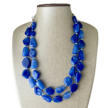 Load image into Gallery viewer, Royal Blue Double Strand Statement Necklace, Chunky dark blue Oval Beaded Bib Jewelry, blue jewelry, stone acrylic blue jewlery necklace