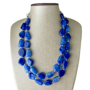 Royal Blue Double Strand Statement Necklace, Chunky dark blue Oval Beaded Bib Jewelry, blue jewelry, stone acrylic blue jewlery necklace