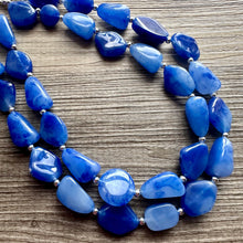 Load image into Gallery viewer, Royal Blue Double Strand Statement Necklace, Chunky dark blue Oval Beaded Bib Jewelry, blue jewelry, stone acrylic blue jewlery necklace