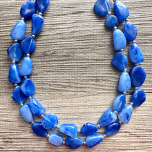 Load image into Gallery viewer, Royal Blue Double Strand Statement Necklace, Chunky dark blue Oval Beaded Bib Jewelry, blue jewelry, stone acrylic blue jewlery necklace