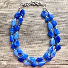 Load image into Gallery viewer, Royal Blue Double Strand Statement Necklace, Chunky dark blue Oval Beaded Bib Jewelry, blue jewelry, stone acrylic blue jewlery necklace