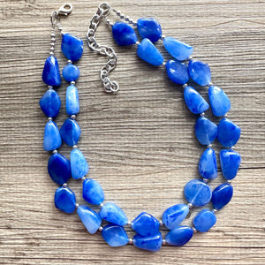 Royal Blue Double Strand Statement Necklace, Chunky dark blue Oval Beaded Bib Jewelry, blue jewelry, stone acrylic blue jewlery necklace