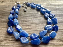 Load image into Gallery viewer, Royal Blue Double Strand Statement Necklace, Chunky dark blue Oval Beaded Bib Jewelry, blue jewelry, stone acrylic blue jewlery necklace