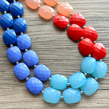 Load image into Gallery viewer, Color Block Double Statement Necklace, Chunky Jewelry Big Beaded Necklace, coral blue teal red Necklace, bead bubble coral peach earrings