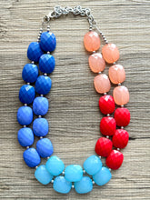 Load image into Gallery viewer, Color Block Double Statement Necklace, Chunky Jewelry Big Beaded Necklace, coral blue teal red Necklace, bead bubble coral peach earrings