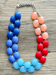Color Block Double Statement Necklace, Chunky Jewelry Big Beaded Necklace, coral blue teal red Necklace, bead bubble coral peach earrings