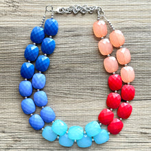 Load image into Gallery viewer, Color Block Double Statement Necklace, Chunky Jewelry Big Beaded Necklace, coral blue teal red Necklace, bead bubble coral peach earrings