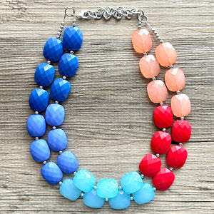 Color Block Double Statement Necklace, Chunky Jewelry Big Beaded Necklace, coral blue teal red Necklace, bead bubble coral peach earrings