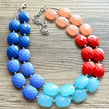 Load image into Gallery viewer, Color Block Double Statement Necklace, Chunky Jewelry Big Beaded Necklace, coral blue teal red Necklace, bead bubble coral peach earrings