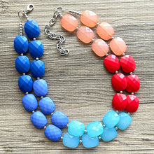 Load image into Gallery viewer, Color Block Double Statement Necklace, Chunky Jewelry Big Beaded Necklace, coral blue teal red Necklace, bead bubble coral peach earrings