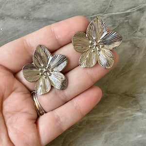 Silver Flower Shiny Stud Earrings, oversize silver drop Earrings, Metal Geometric Earrings, shiny gray jewelry earrings metal floral