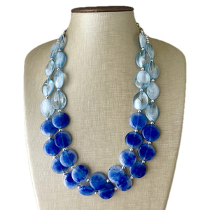 Royal Blue Double Strand Statement Necklace, Chunky light blue Oval Beaded Bib Jewelry, blue jewelry, stone acrylic blue jewlery necklace