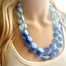 Load image into Gallery viewer, Royal Blue Double Strand Statement Necklace, Chunky light blue Oval Beaded Bib Jewelry, blue jewelry, stone acrylic blue jewlery necklace