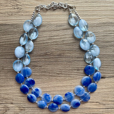 Royal Blue Double Strand Statement Necklace, Chunky light blue Oval Beaded Bib Jewelry, blue jewelry, stone acrylic blue jewlery necklace