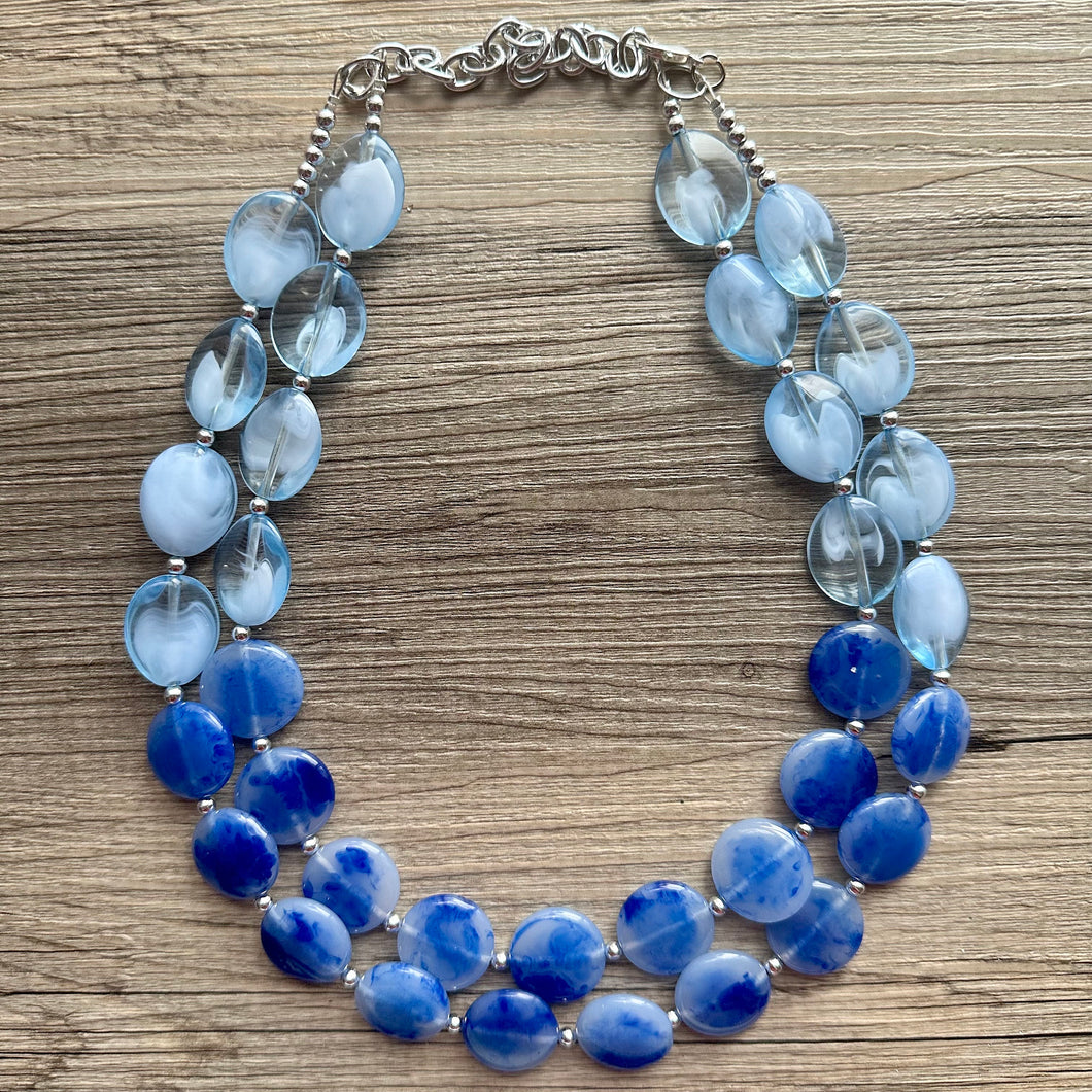 Royal Blue Double Strand Statement Necklace, Chunky light blue Oval Beaded Bib Jewelry, blue jewelry, stone acrylic blue jewlery necklace