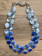 Load image into Gallery viewer, Royal Blue Double Strand Statement Necklace, Chunky light blue Oval Beaded Bib Jewelry, blue jewelry, stone acrylic blue jewlery necklace