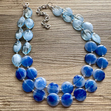 Load image into Gallery viewer, Royal Blue Double Strand Statement Necklace, Chunky light blue Oval Beaded Bib Jewelry, blue jewelry, stone acrylic blue jewlery necklace