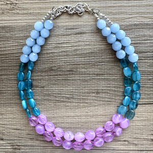 Emma’s Daydream Necklace, Teal Blue Purple Chunky Statement, Double Strand Beaded Jewelry, lilac lavendar bridesmaid bib wedding periwinkle