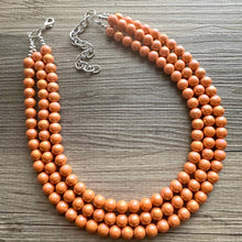 Load image into Gallery viewer, Chunky Multi 3 Strand Statement Necklace, orange peel beaded jewelry, shiny orange jewelry, chunky bib metallic ball beads