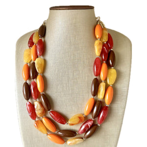 November Nostalgia Chunky 3 Strand Statement Necklace, fall necklace, red jewelry, orange necklace, yellow marigold necklace earrings