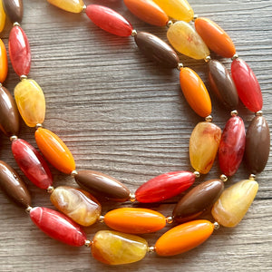 November Nostalgia Chunky 3 Strand Statement Necklace, fall necklace, red jewelry, orange necklace, yellow marigold necklace earrings