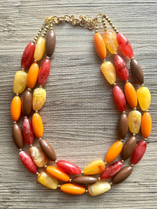November Nostalgia Chunky 3 Strand Statement Necklace, fall necklace, red jewelry, orange necklace, yellow marigold necklace earrings