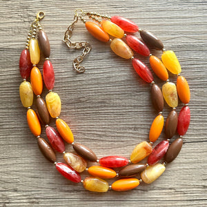 November Nostalgia Chunky 3 Strand Statement Necklace, fall necklace, red jewelry, orange necklace, yellow marigold necklace earrings