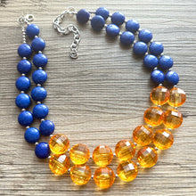 Load image into Gallery viewer, Orange &amp; Blue Chunky Statement Necklace, Royal Blue Big bib beaded jewelry, 2 Strand Statement Necklace bib collar football game