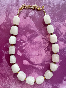 Vintage White Rose Quartz Necklace, single Strand Statement Jewelry, rhinestone necklace, layering bridesmaid, everyday crystal jewelry gold