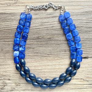 Coastline Park Chunky Multi Strand Navy Blue Statement Necklace, aqua blue beaded jewelry, Royal blue jewelry, turquoise bridesmaid dressy