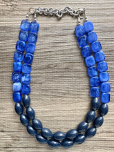 Load image into Gallery viewer, Coastline Park Chunky Multi Strand Navy Blue Statement Necklace, aqua blue beaded jewelry, Royal blue jewelry, turquoise bridesmaid dressy