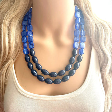 Coastline Park Chunky Multi Strand Navy Blue Statement Necklace, aqua blue beaded jewelry, Royal blue jewelry, turquoise bridesmaid dressy