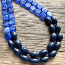 Load image into Gallery viewer, Coastline Park Chunky Multi Strand Navy Blue Statement Necklace, aqua blue beaded jewelry, Royal blue jewelry, turquoise bridesmaid dressy