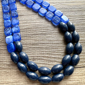 Coastline Park Chunky Multi Strand Navy Blue Statement Necklace, aqua blue beaded jewelry, Royal blue jewelry, turquoise bridesmaid dressy