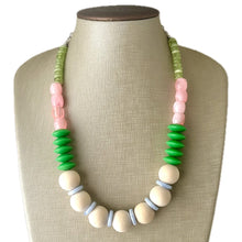 Load image into Gallery viewer, Pink &amp; Green Statement Necklace, single One Strand Statement Necklace, blue periwinkle necklace, chunky bib bubble girls wood layering