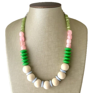 Pink & Green Statement Necklace, single One Strand Statement Necklace, blue periwinkle necklace, chunky bib bubble girls wood layering