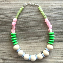 Load image into Gallery viewer, Pink &amp; Green Statement Necklace, single One Strand Statement Necklace, blue periwinkle necklace, chunky bib bubble girls wood layering